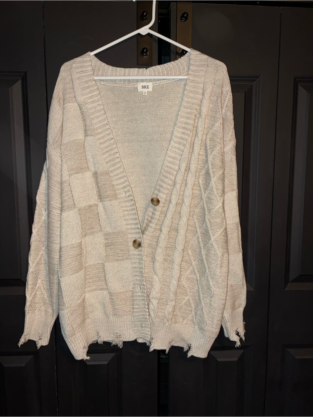BKE Women's Cream Mixed Cable & Checker Knit Cardigan